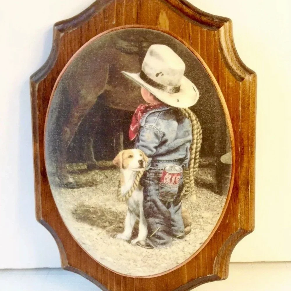Set of 2 Beaded Glass Wall Plaques of Cowboy Child